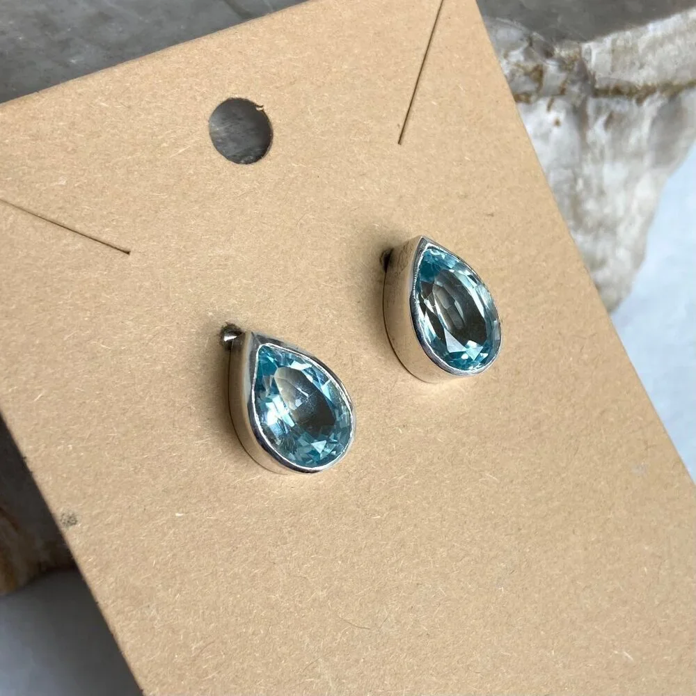 Sterling Silver 925 14K Gold Pear Shaped Chunky Blue Topaz Stud Earrings